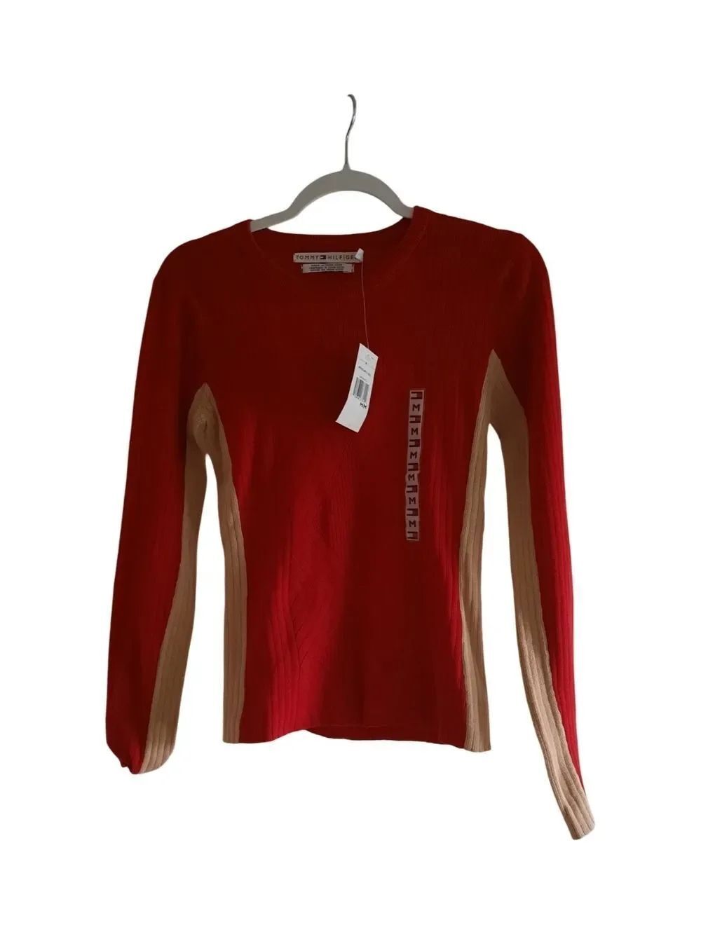 Tommy Hilfiger Red Long-Sleeve Ribbed Top with Tan Panels